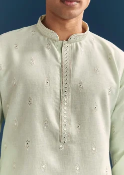 Green Silk Kurta Set For Men With Mirror Embroidery