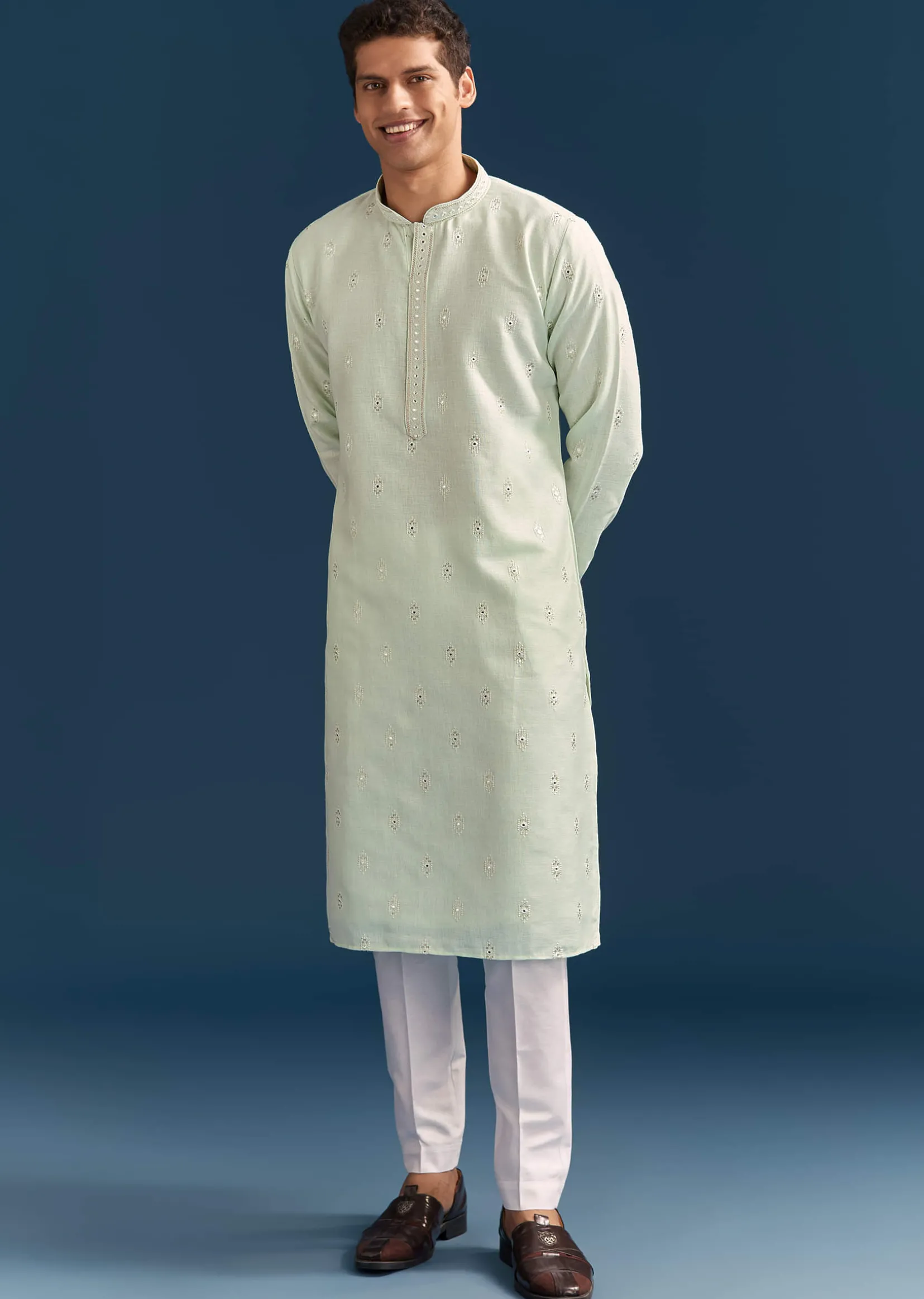 Green Silk Kurta Set For Men With Mirror Embroidery