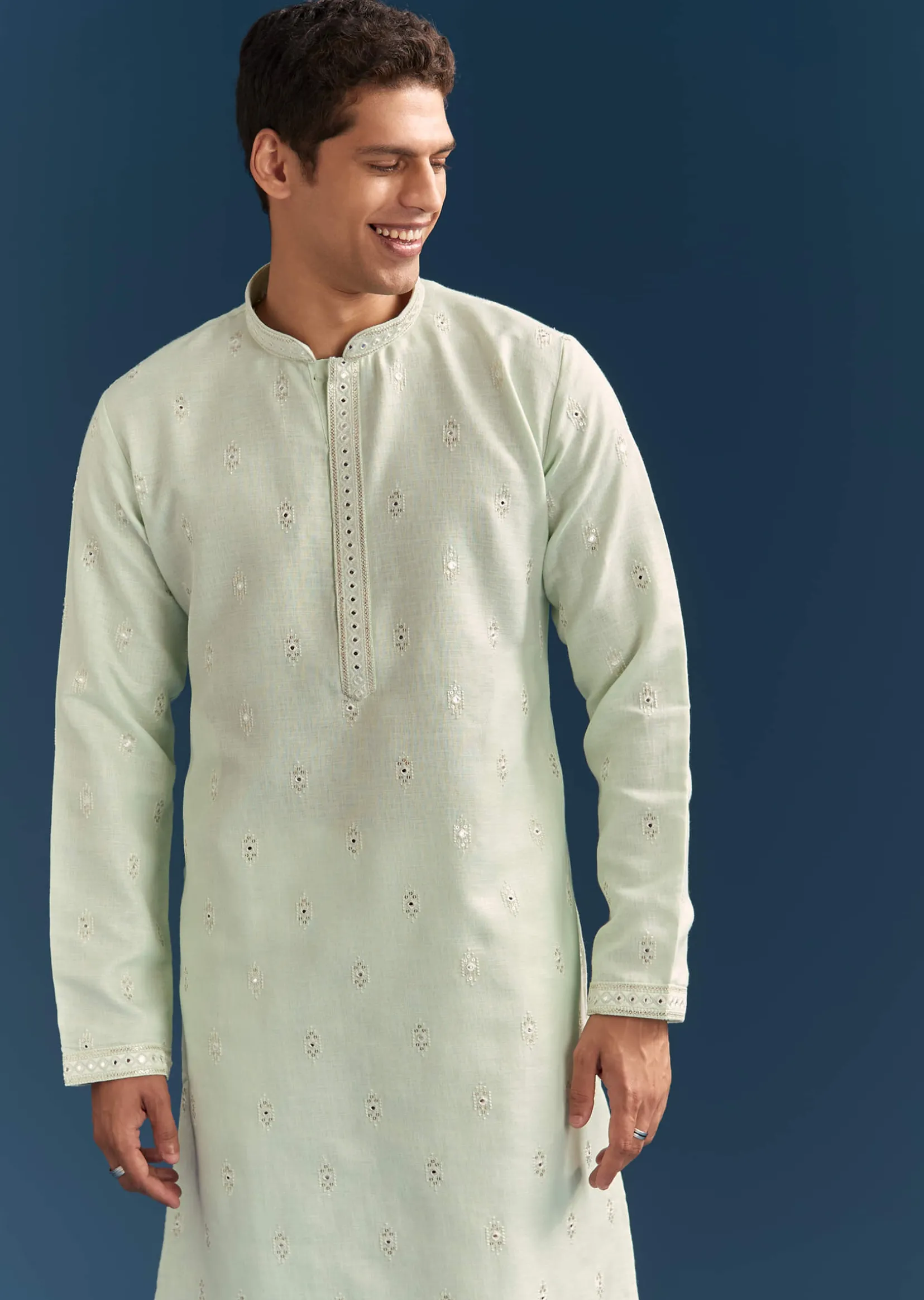Green Silk Kurta Set For Men With Mirror Embroidery