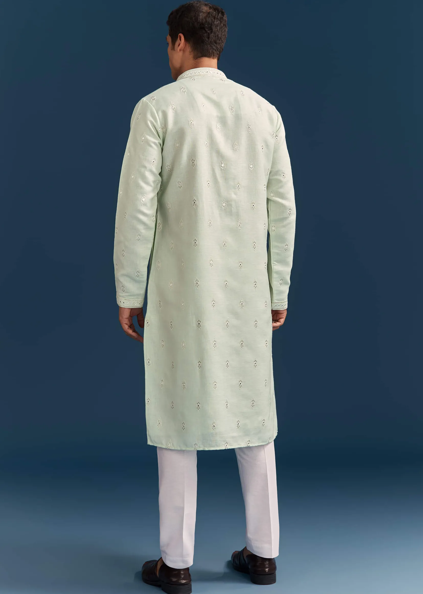 Green Silk Kurta Set For Men With Mirror Embroidery