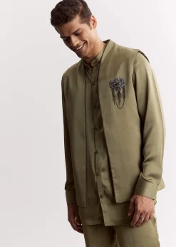 Green Silk Kurta Set With Gotta Embroidered Jacket