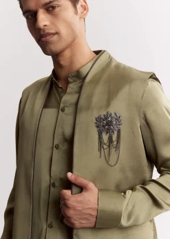 Green Silk Kurta Set With Gotta Embroidered Jacket