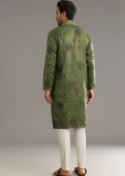 Green Silk Kurta Set With Printed Artwork