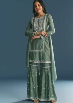 Green Silk Kurta Set With Moti And Cutdana Sharara