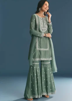 Green Silk Kurta Set With Moti And Cutdana Sharara