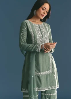 Green Silk Kurta Set With Moti And Cutdana Sharara