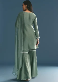 Green Silk Kurta Set With Moti And Cutdana Sharara