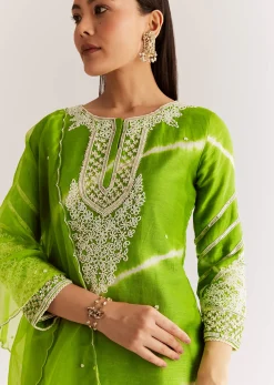 Green Silk Leheriya Kurta Set With Moti Work