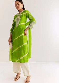 Green Silk Leheriya Kurta Set With Moti Work