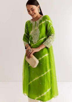 Green Silk Leheriya Kurta Set With Moti Work