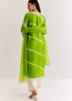 Green Silk Leheriya Kurta Set With Moti Work