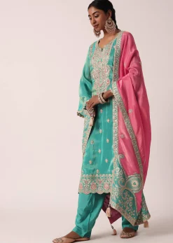 Green Silk Pant Set With Zari Embroidered Kurta