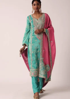 Green Silk Pant Set With Zari Embroidered Kurta