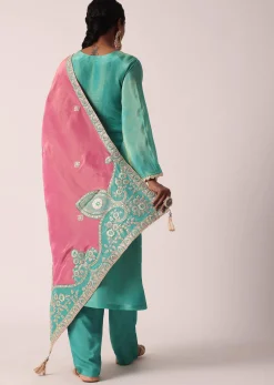 Green Silk Pant Set With Zari Embroidered Kurta