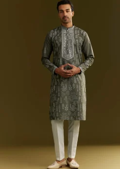Green Silk Printed Kurta Set With Floral Vine Motif