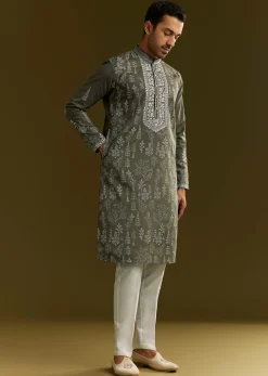 Green Silk Printed Kurta Set With Floral Vine Motif