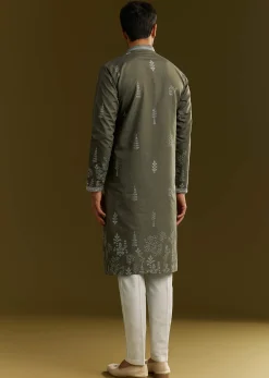 Green Silk Printed Kurta Set With Floral Vine Motif