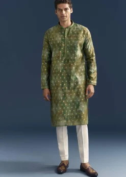 Green Silk Printed Kurta Set For Men With Foil Butti Work