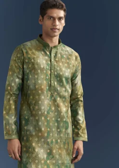 Green Silk Printed Kurta Set For Men With Foil Butti Work
