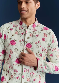 Green Silk Printed Kurta With Floral Sequins And Stone Work