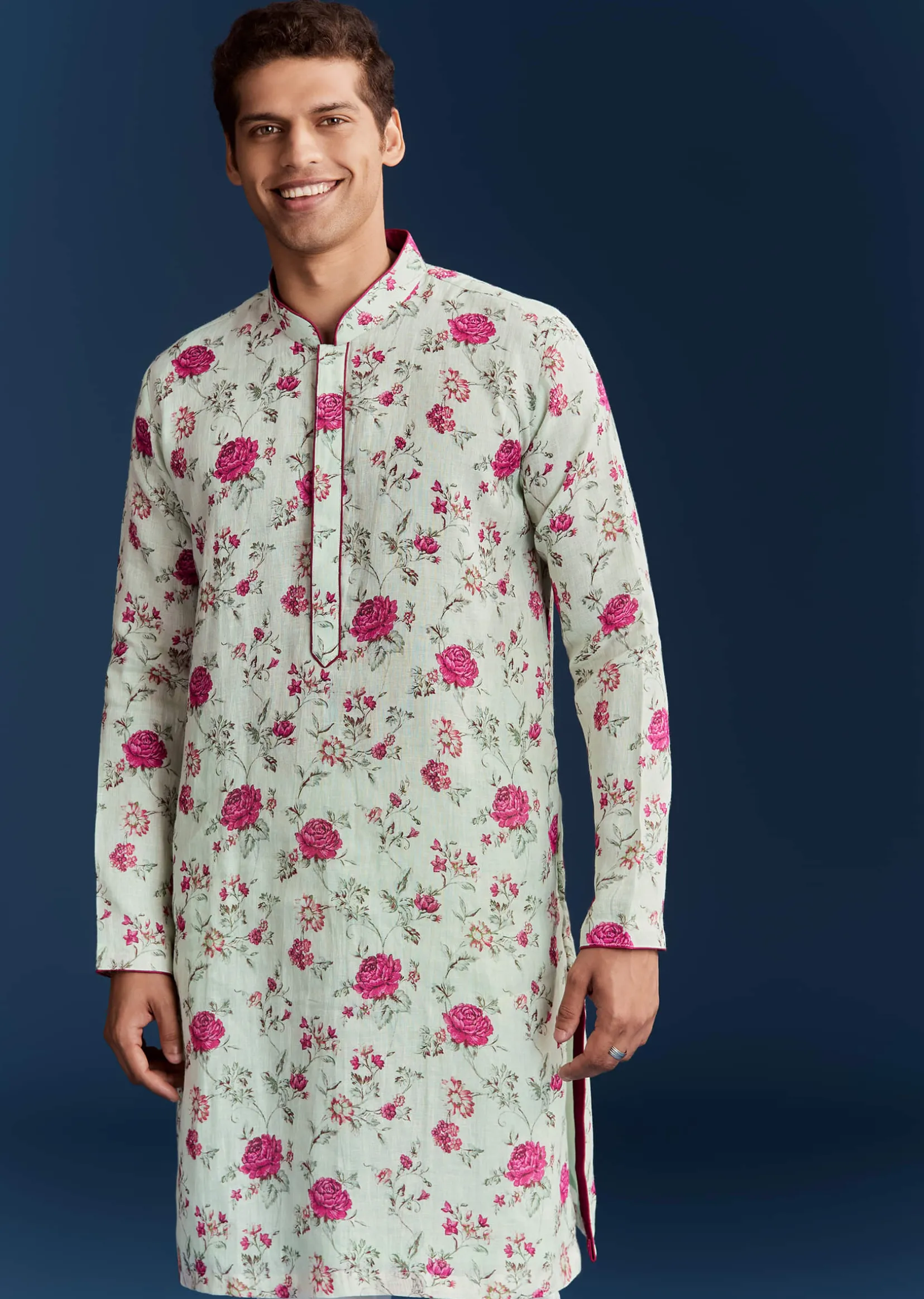 Green Silk Printed Kurta With Floral Sequins And Stone Work