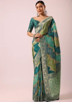 Green Silk Rangkat Saree With Bandhani Detail