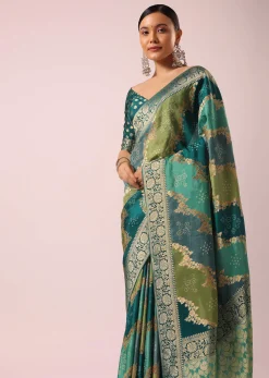 Green Silk Rangkat Saree With Bandhani Detail