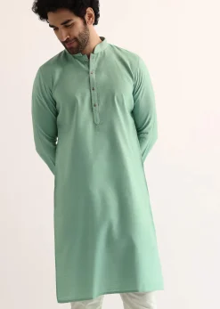 Green Silk Self Work Kurta Set For Men