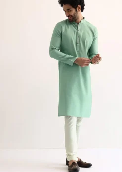 Green Silk Self Work Kurta Set For Men