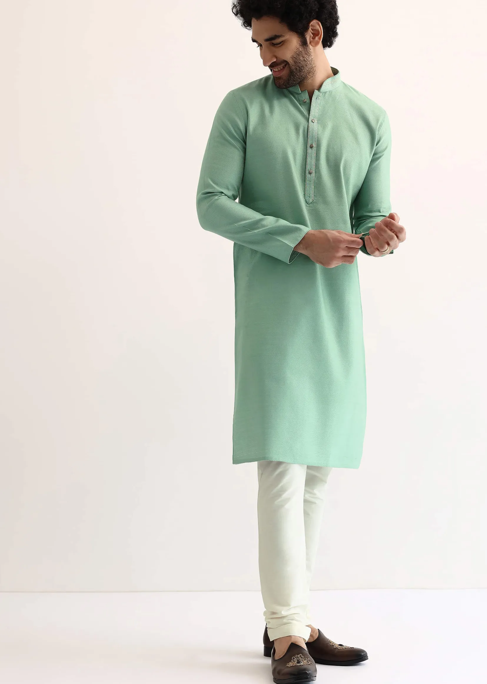 Green Silk Self Work Kurta Set For Men