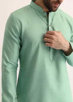 Green Silk Self Work Kurta Set For Men