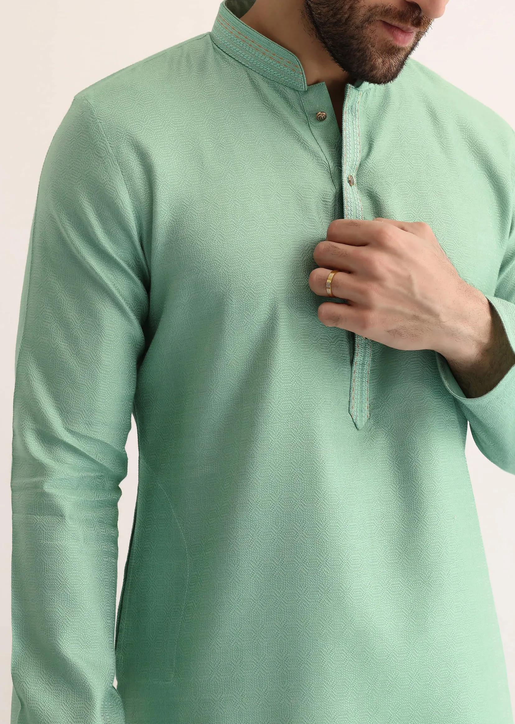 Green Silk Self Work Kurta Set For Men