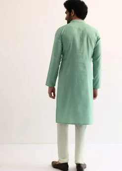 Green Silk Self Work Kurta Set For Men