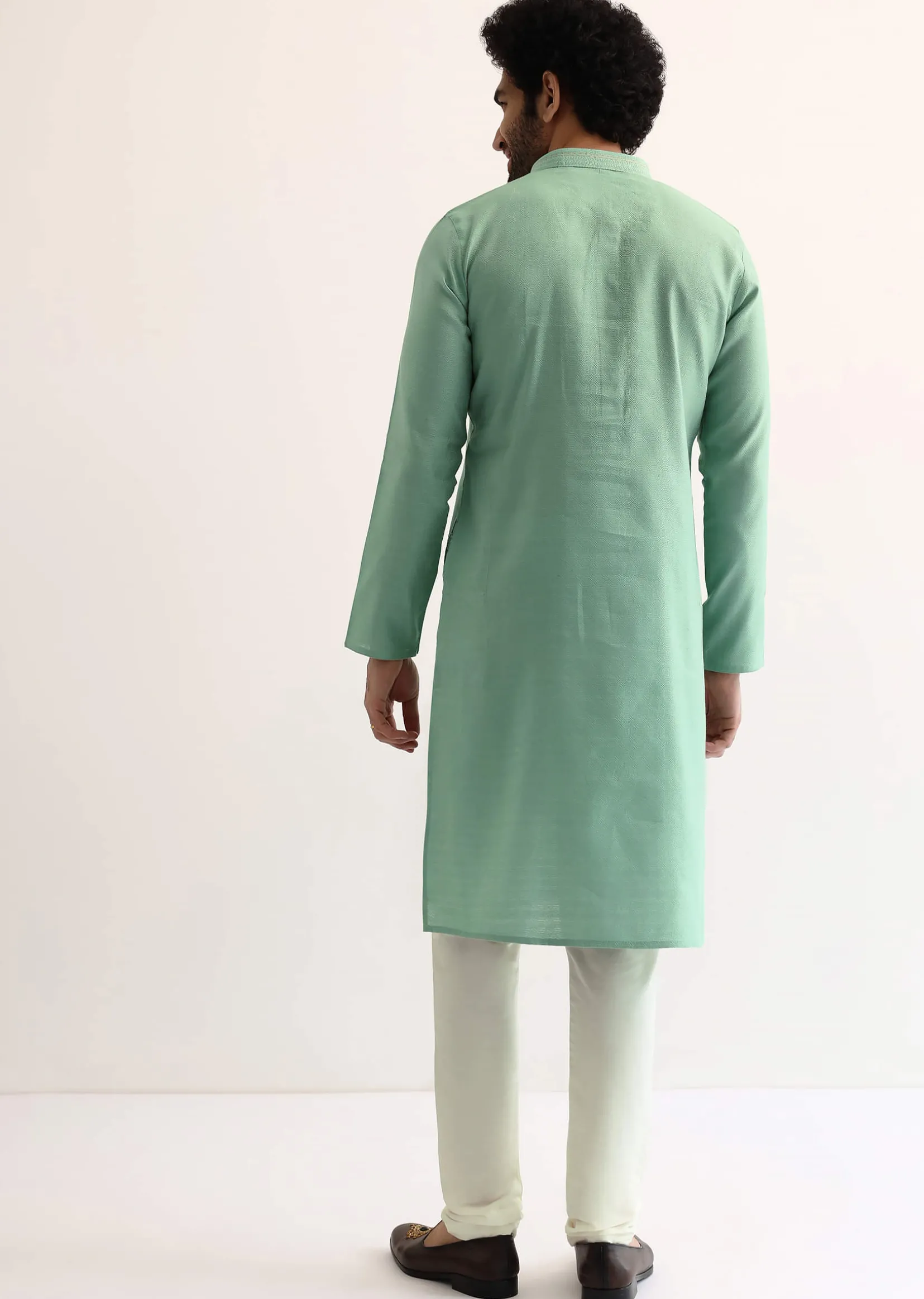 Green Silk Self Work Kurta Set For Men