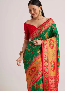 Green Silk Woven Ikat Motif Saree With Constrat Pallu