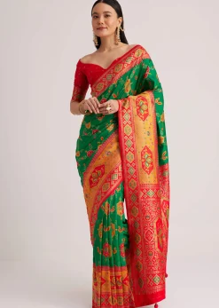 Green Silk Woven Ikat Motif Saree With Constrat Pallu