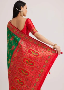 Green Silk Woven Ikat Motif Saree With Constrat Pallu