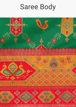 Green Silk Woven Ikat Motif Saree With Constrat Pallu