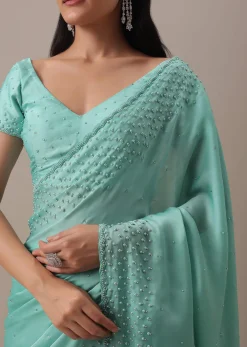 Green Stone And Bead Embellished Saree In Satin