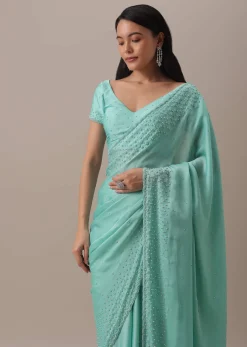Green Stone And Bead Embellished Saree In Satin