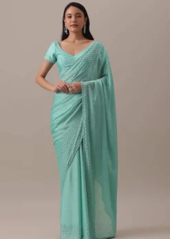 Green Stone And Bead Embellished Saree In Satin