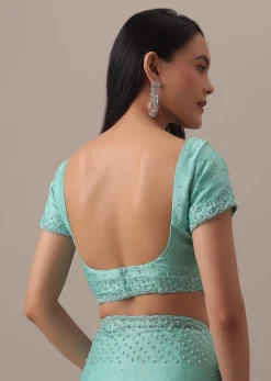 Green Stone And Bead Embellished Saree In Satin