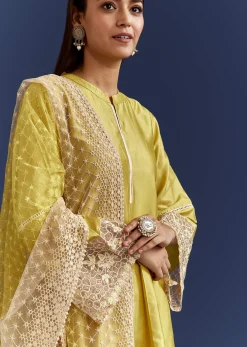 Green Thread And Sequins Work Kurta Set With Net Dupatta In Fuji Silk