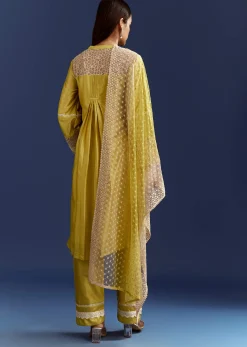 Green Thread And Sequins Work Kurta Set With Net Dupatta In Fuji Silk
