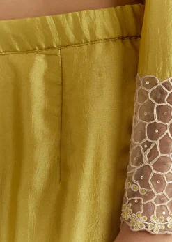 Green Thread And Sequins Work Kurta Set With Net Dupatta In Fuji Silk