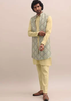Green Threadwork Kurta Jacket Set For Men