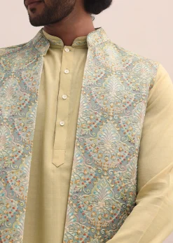 Green Threadwork Kurta Jacket Set For Men