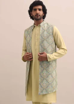 Green Threadwork Kurta Jacket Set For Men