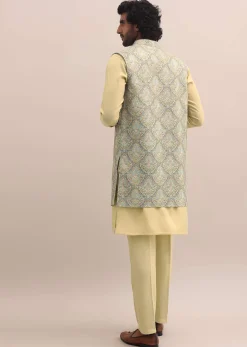 Green Threadwork Kurta Jacket Set For Men
