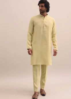 Green Threadwork Kurta Jacket Set For Men